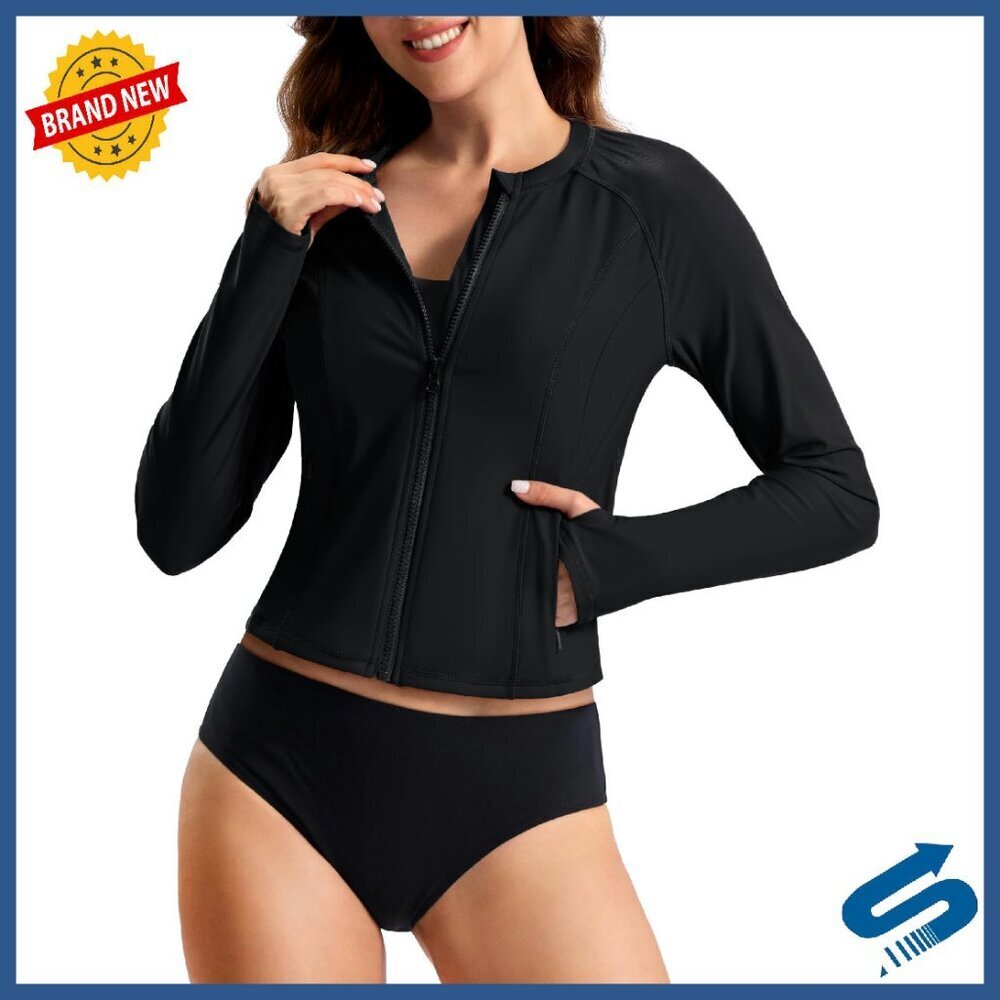 Cropped Rash Guard UPF50+ Long Sleeve Swim Shirt with Zipper Pockets